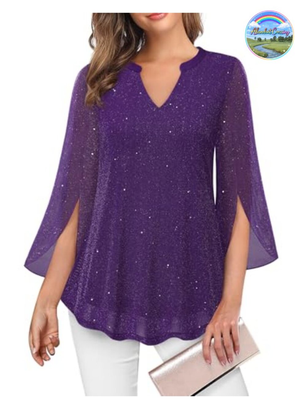 Womens Floral Tunic Blouse 3/4 Ruffle Sleeve V Neck Double Layer Mesh Top